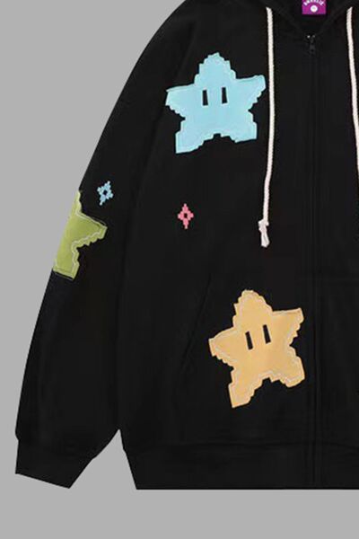 Star Zip Up Dropped Shoulder Hoodie