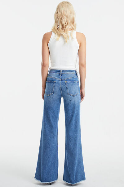 High Waist Button-Fly Raw Hem Wide Leg Jeans