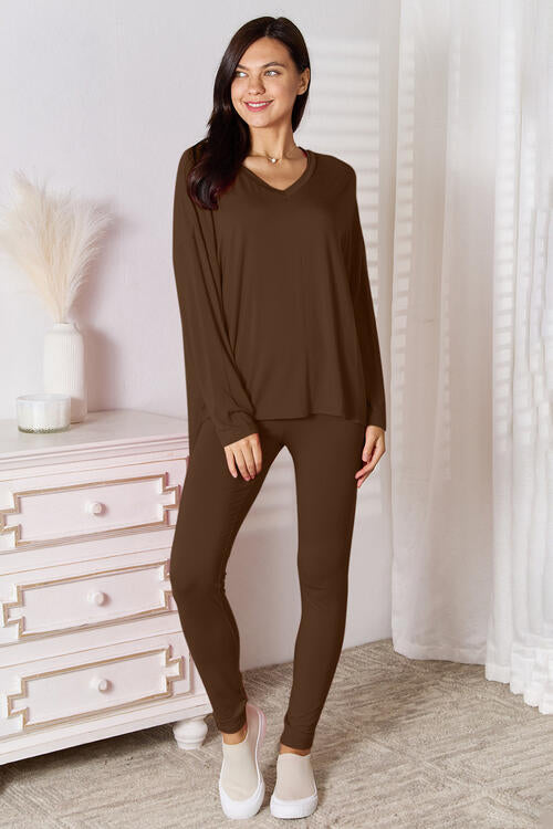 DND V-Neck Soft Rayon Long Sleeve Top and Pants Lounge Set