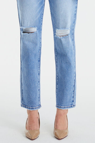 Casual denim High Waist Distressed Cat's Whiskers Washed Straight Jeans