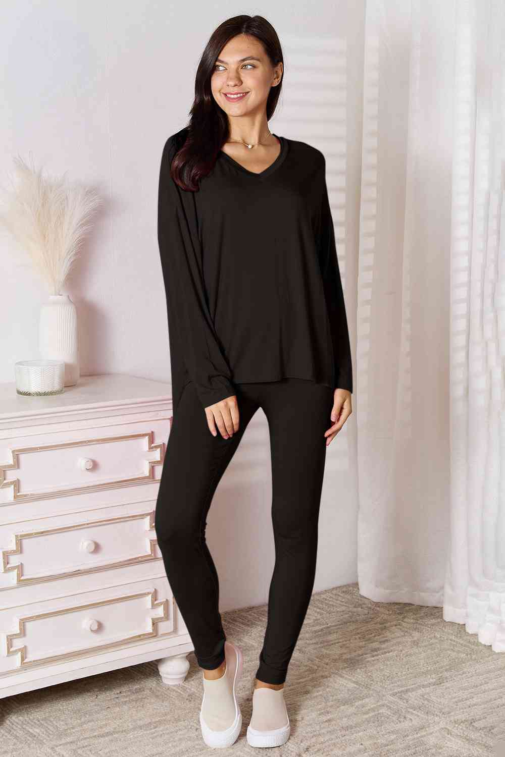 DND V-Neck Soft Rayon Long Sleeve Top and Pants Lounge Set