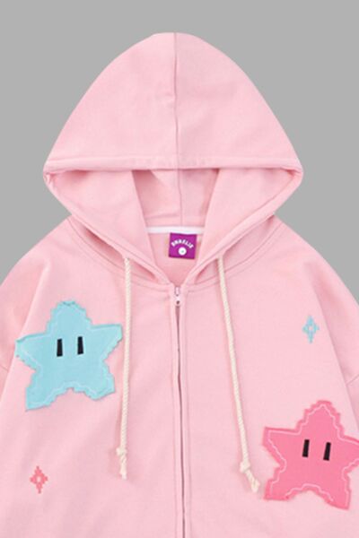 Star Zip Up Dropped Shoulder Hoodie