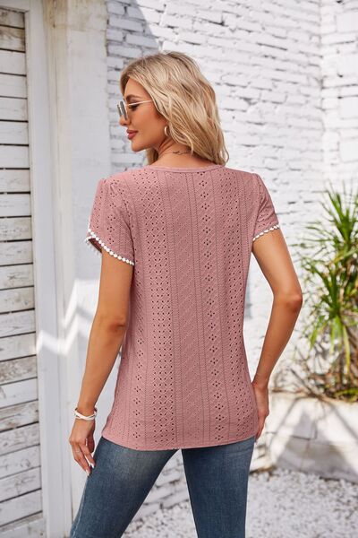 Eyelet Round Neck Petal Sleeve T-Shirt