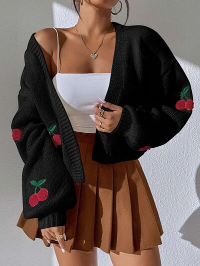 Cherry Graphic Open Front Dropped Shoulder Cardigan