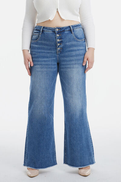 High Waist Button-Fly Raw Hem Wide Leg Jeans