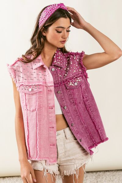 BiBi Pearl & Rhinestone Contrast Raw Hem Vest Coat