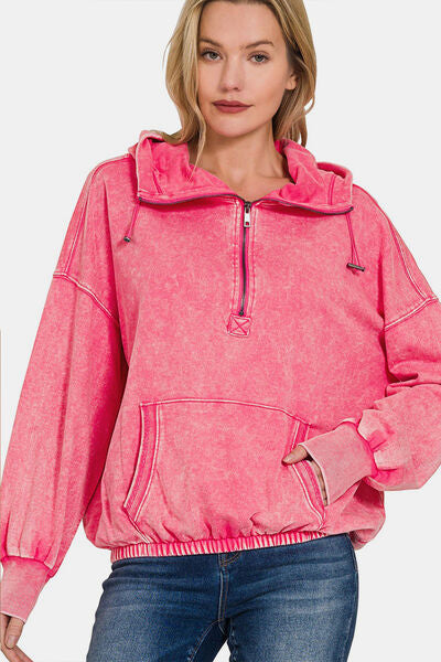 Zenana Half Zip Dropped Shoulder Hoodie