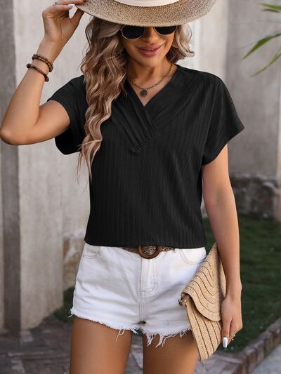 Textured Surplice Short Sleeve Blouse