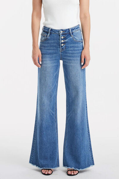 High Waist Button-Fly Raw Hem Wide Leg Jeans