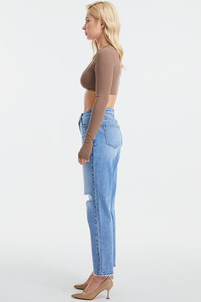 Casual denim High Waist Distressed Cat's Whiskers Washed Straight Jeans