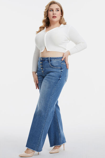 High Waist Button-Fly Raw Hem Wide Leg Jeans