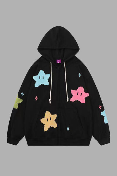 Star Zip Up Dropped Shoulder Hoodie