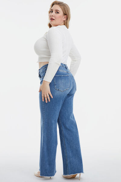 High Waist Button-Fly Raw Hem Wide Leg Jeans