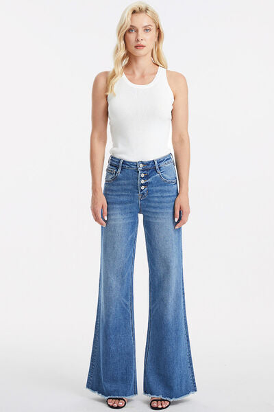 High Waist Button-Fly Raw Hem Wide Leg Jeans