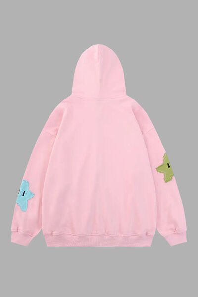 Star Zip Up Dropped Shoulder Hoodie