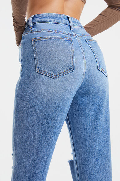 Casual denim High Waist Distressed Cat's Whiskers Washed Straight Jeans