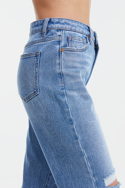 Casual denim High Waist Distressed Cat's Whiskers Washed Straight Jeans