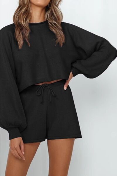 Round Neck Long Sleeve Top and Shorts Lounge Set