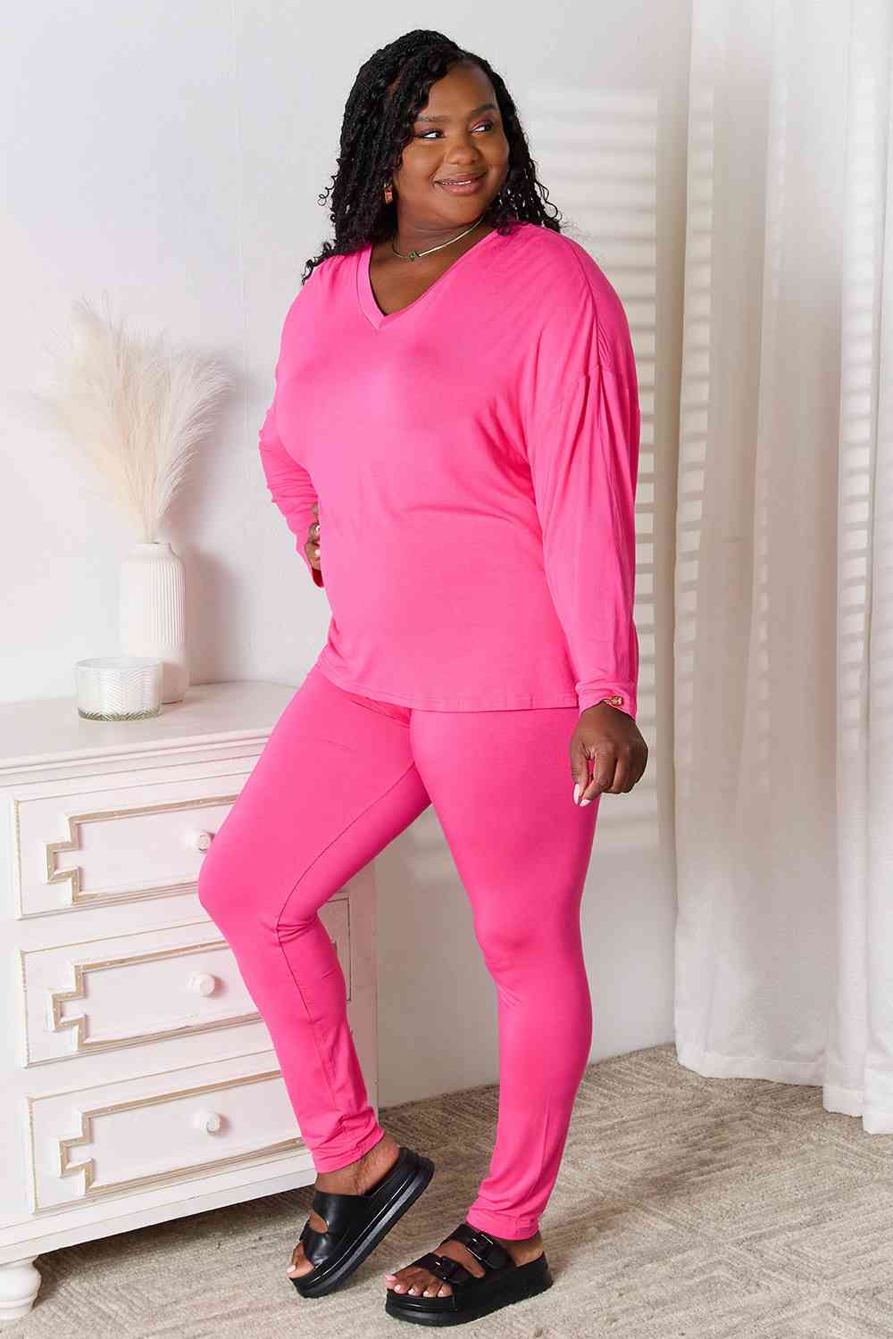 DND V-Neck Soft Rayon Long Sleeve Top and Pants Lounge Set