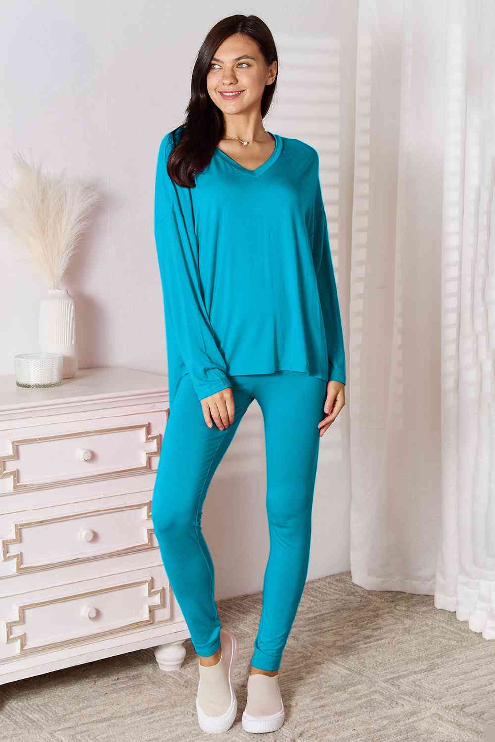 DND V-Neck Soft Rayon Long Sleeve Top and Pants Lounge Set