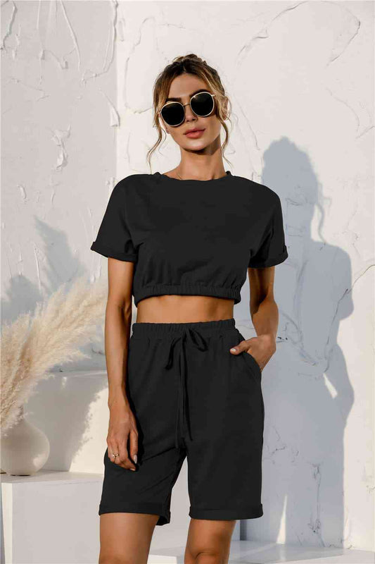 Short Sleeve Cropped Top and Shorts Lounge Set