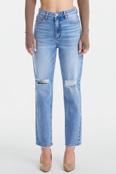 Casual denim High Waist Distressed Cat's Whiskers Washed Straight Jeans